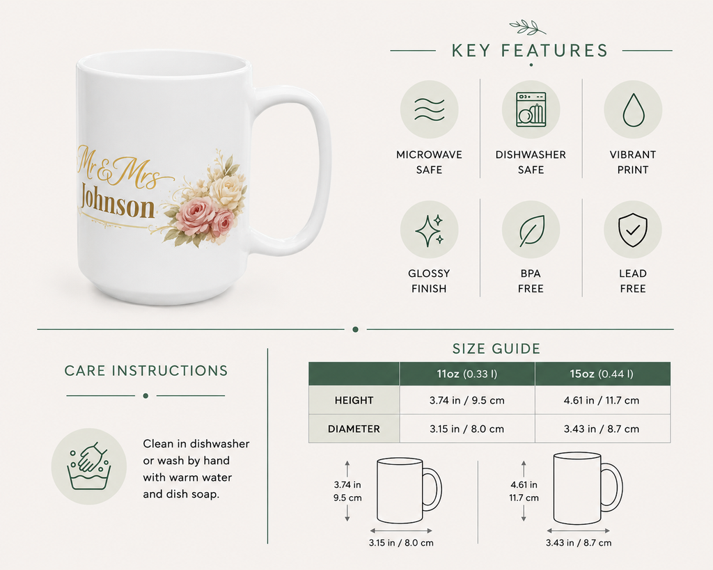Personalized Mr and Mrs rose bouquet mug shown gift-boxed