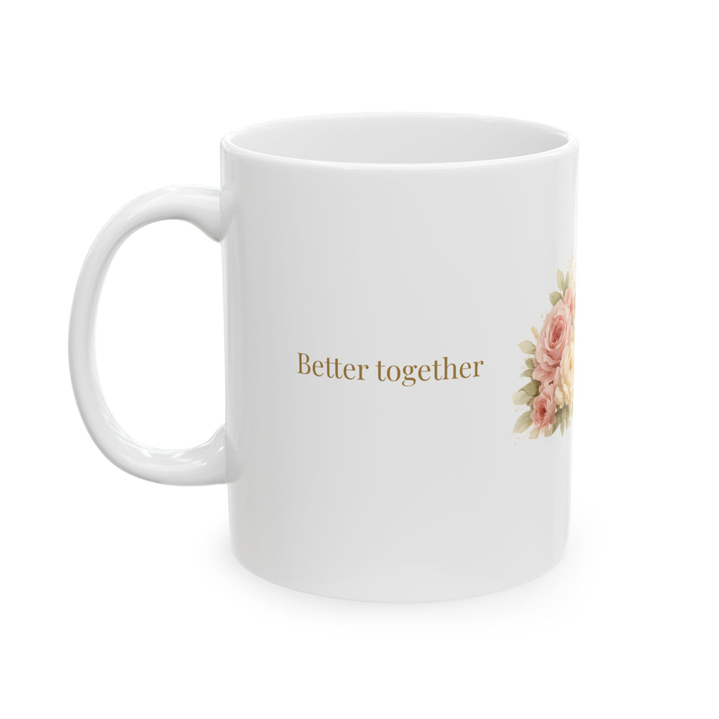 Personalized Mr and Mrs rose bouquet mug held in hand showing scale