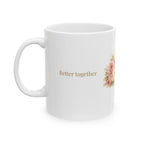 Personalized Mr and Mrs rose bouquet mug held in hand showing scale