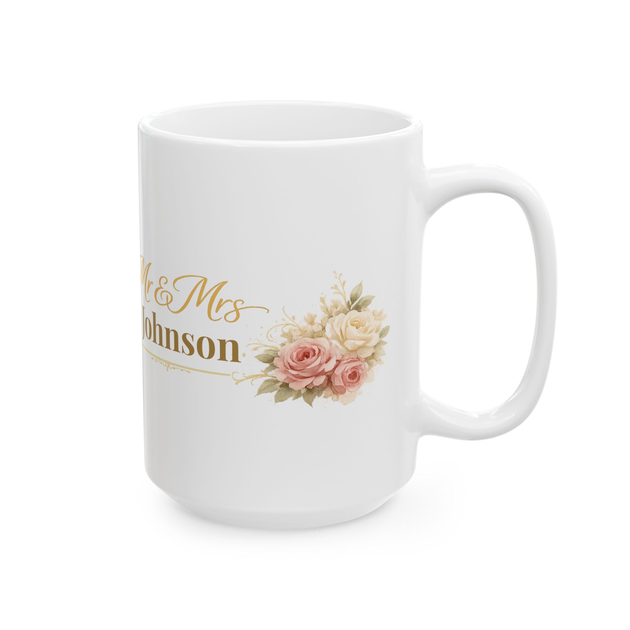 Personalized Mr and Mrs rose bouquet mug displayed on a kitchen counter