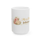 Personalized Mr and Mrs rose bouquet mug shown from a side angle
