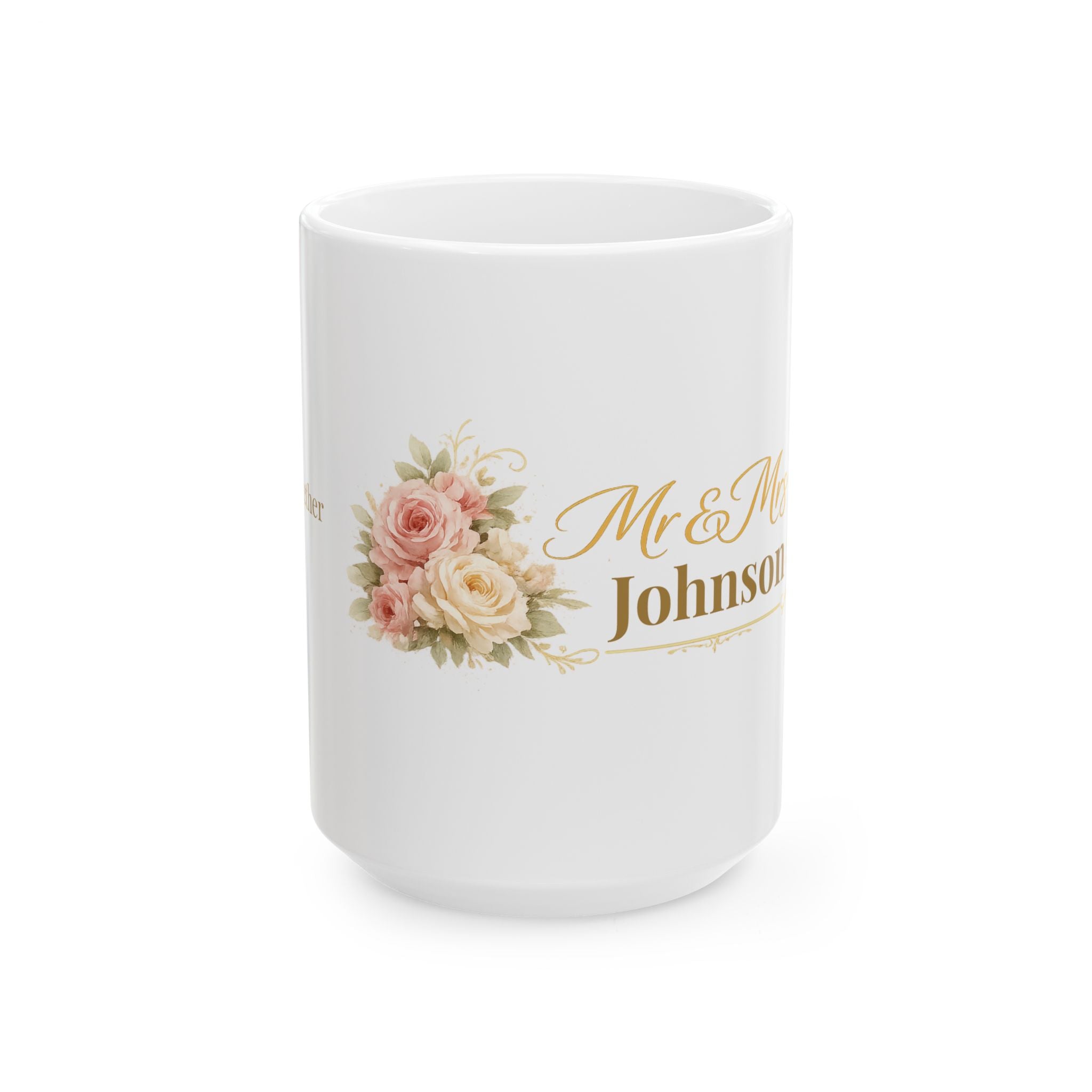 Personalized Mr and Mrs rose bouquet mug shown from a side angle