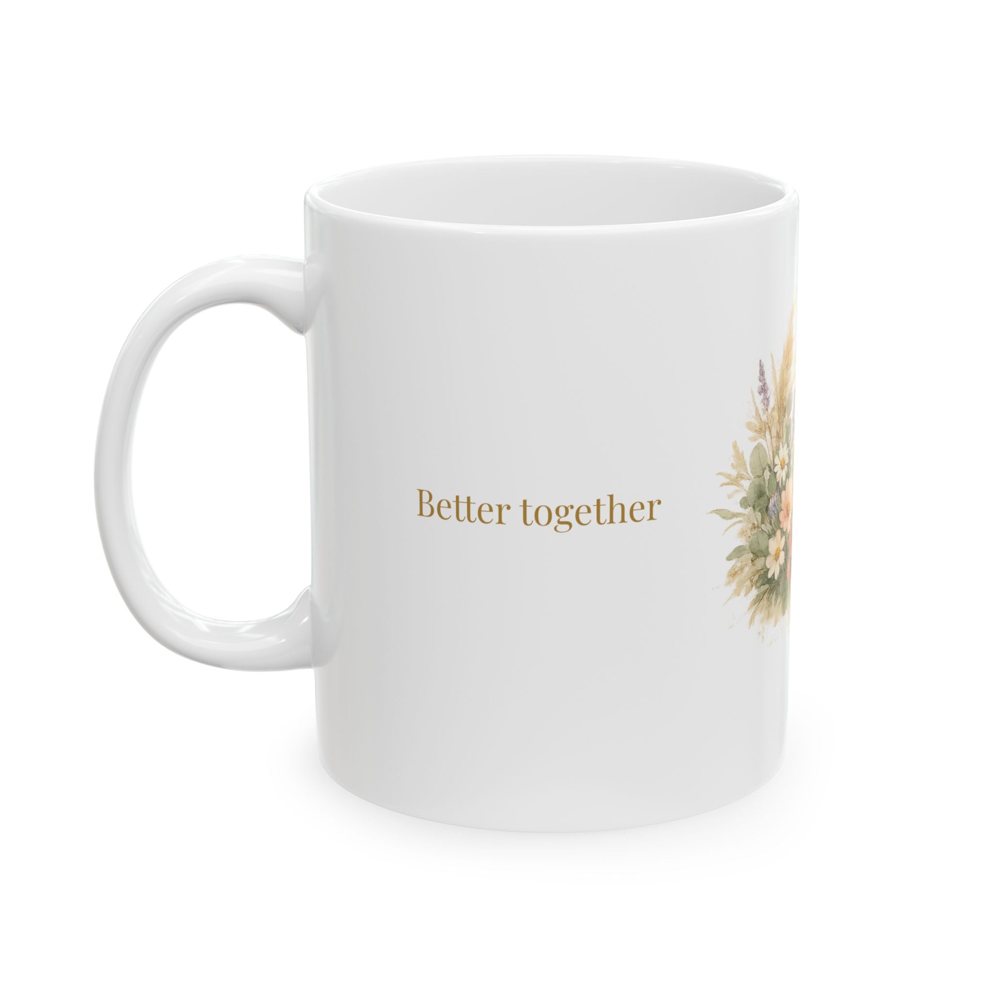 Back view of the personalized Mr and Mrs rustic wildflower mug