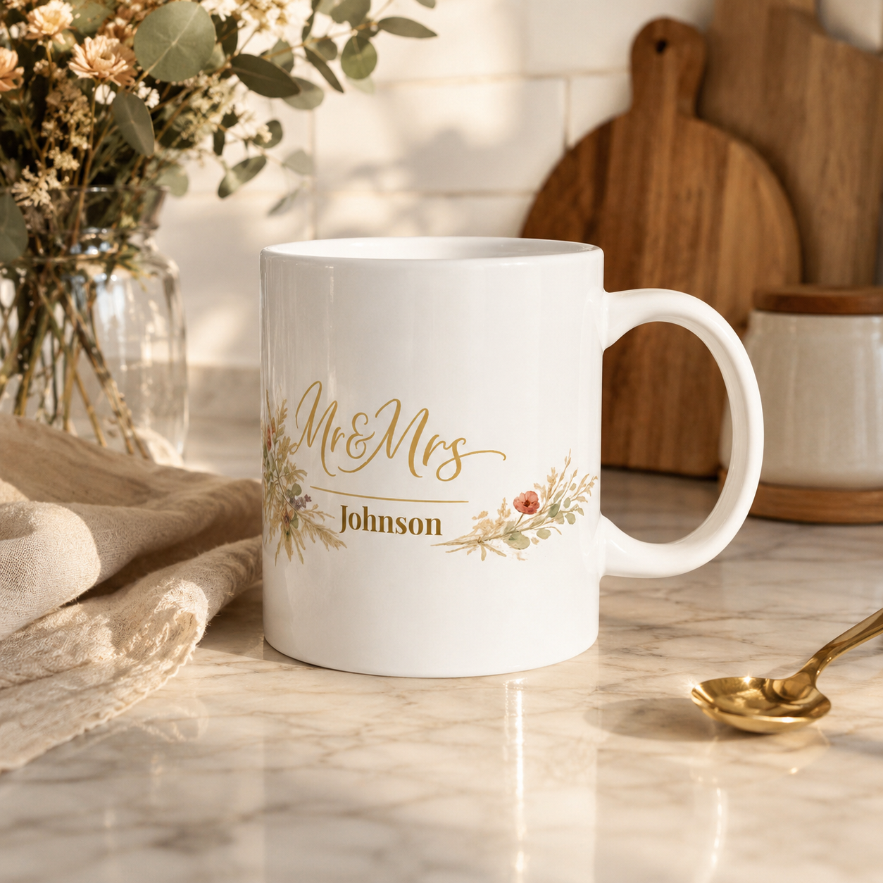 Personalized Mr and Mrs surname mug shown in a rustic wedding gift box