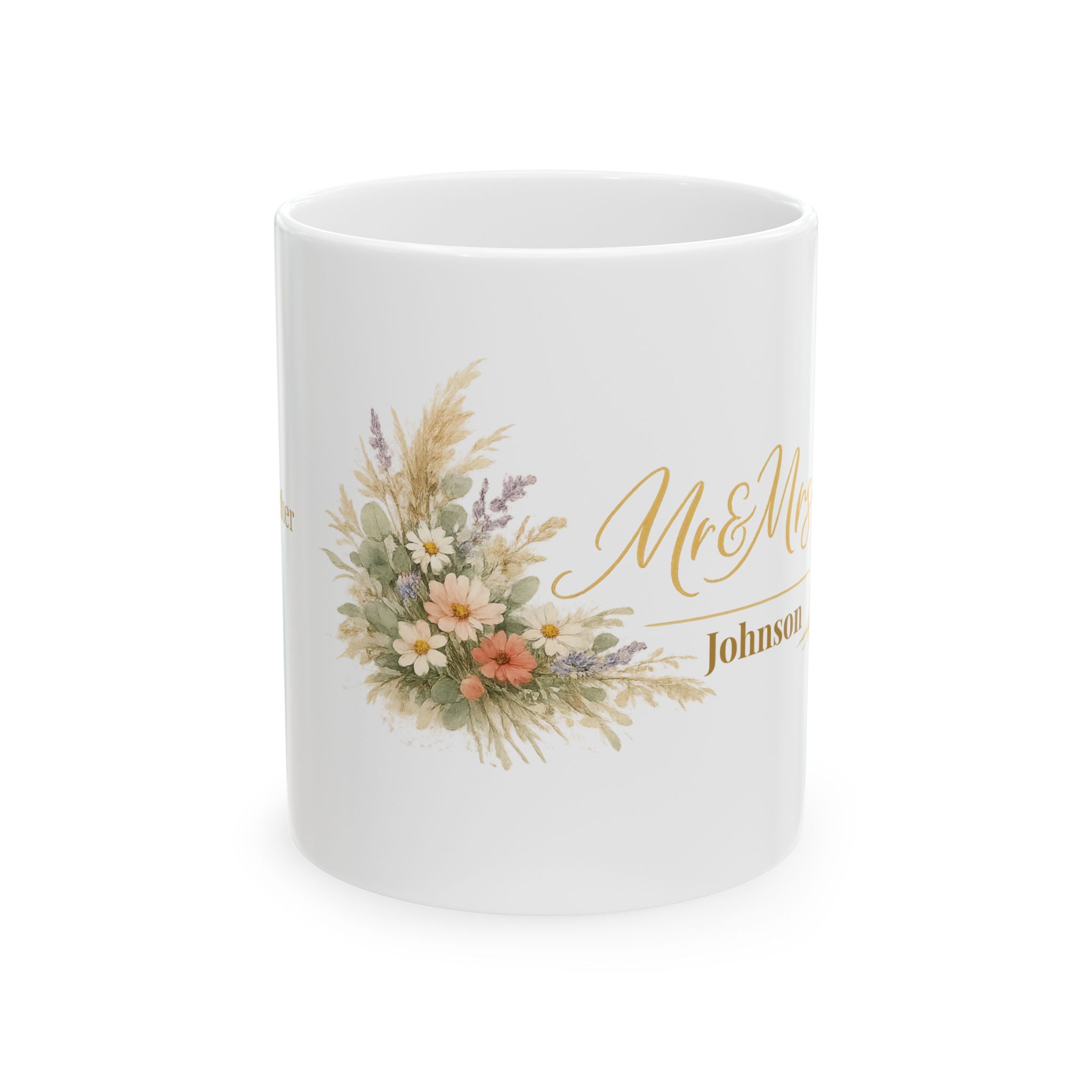 Personalized Mr and Mrs surname mug held in hand showing scale and handle