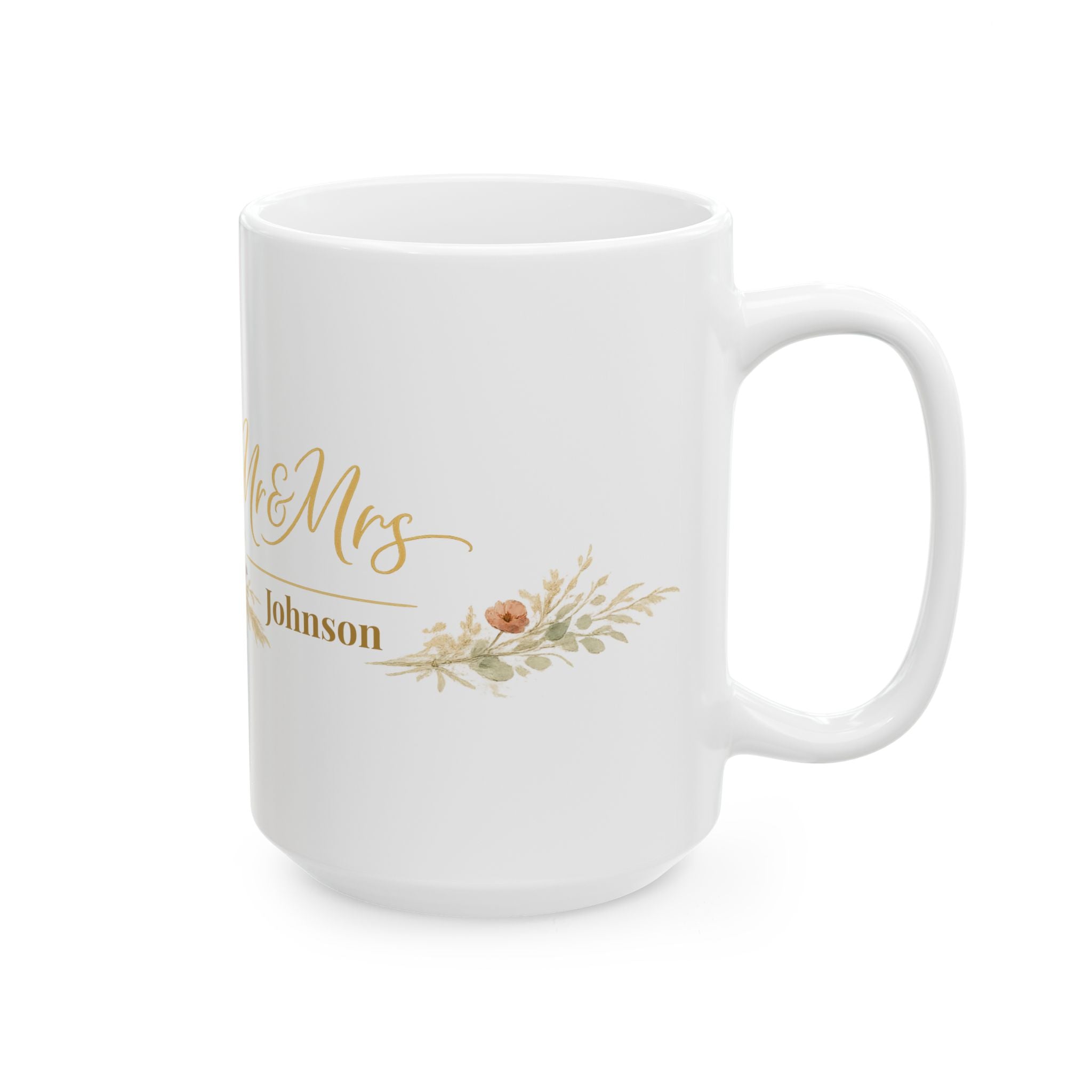 Personalized Mr and Mrs surname mug displayed on a wooden kitchen counter
