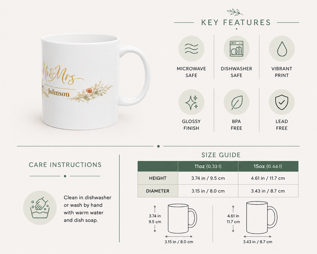 Personalized Mr and Mrs surname mug styled with autumn wildflowers