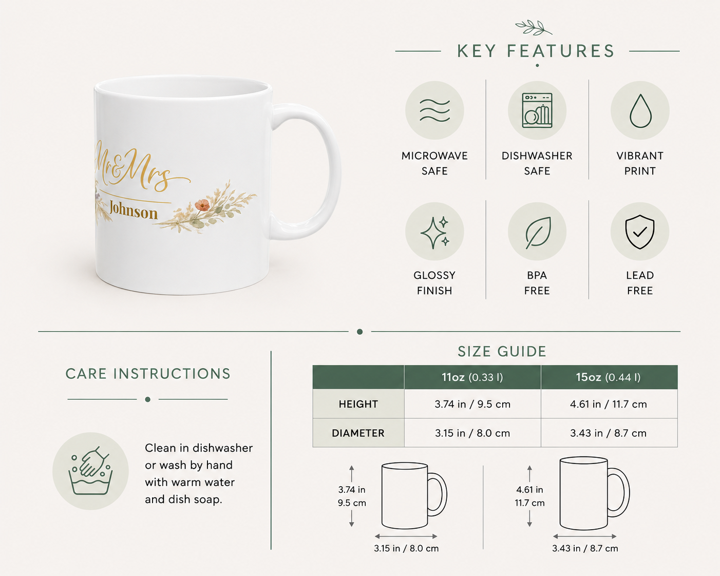 Personalized Mr and Mrs surname mug styled with autumn wildflowers
