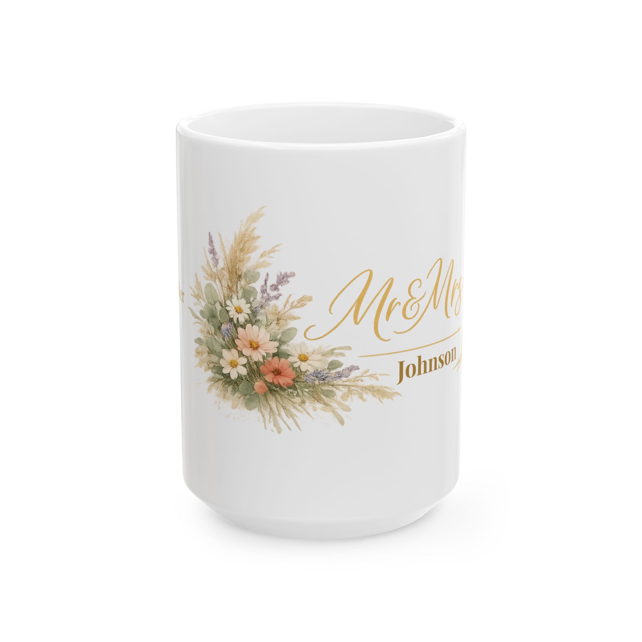 Personalized Mr and Mrs surname mug set on a breakfast table