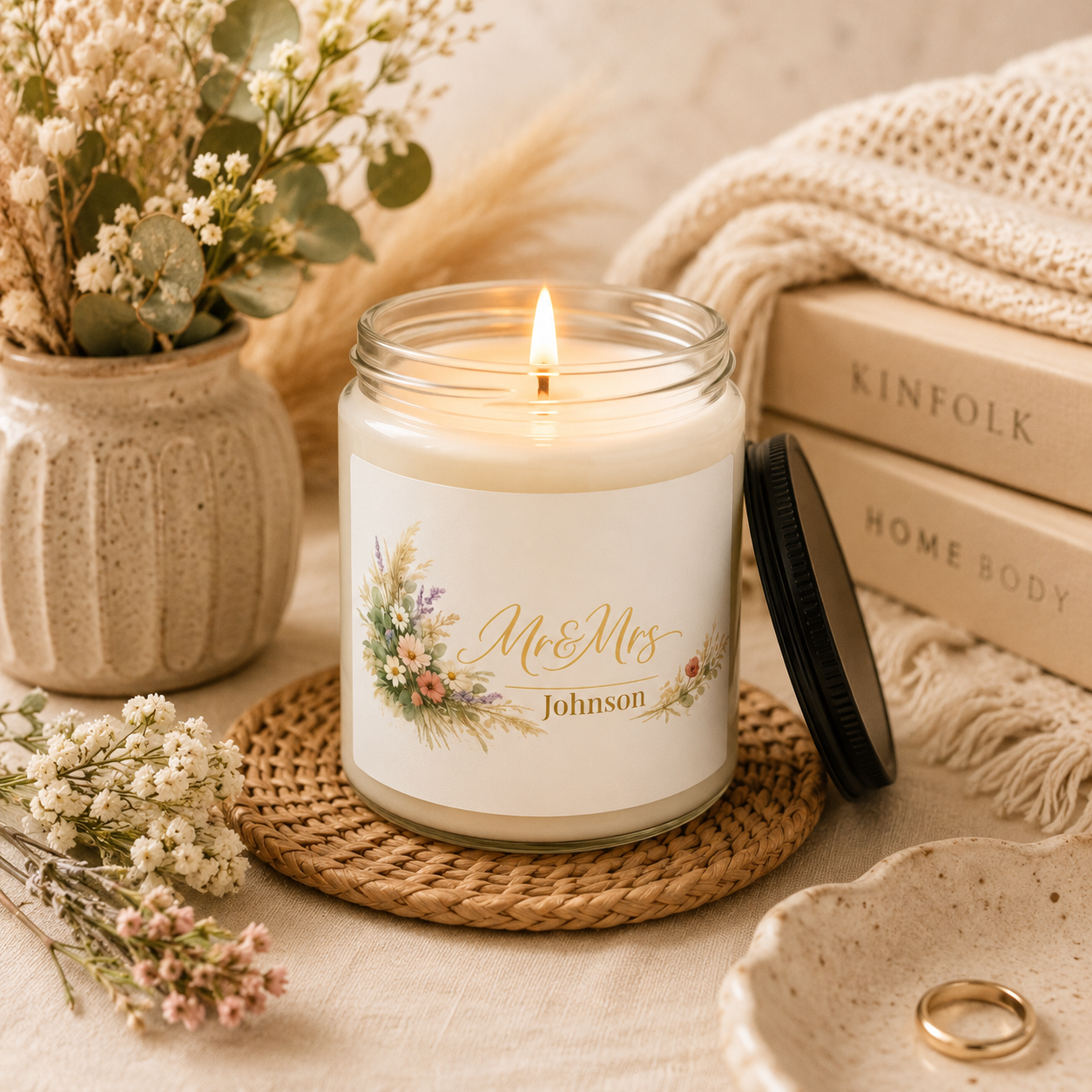 Personalized wedding candle shown on a table as part of home decor