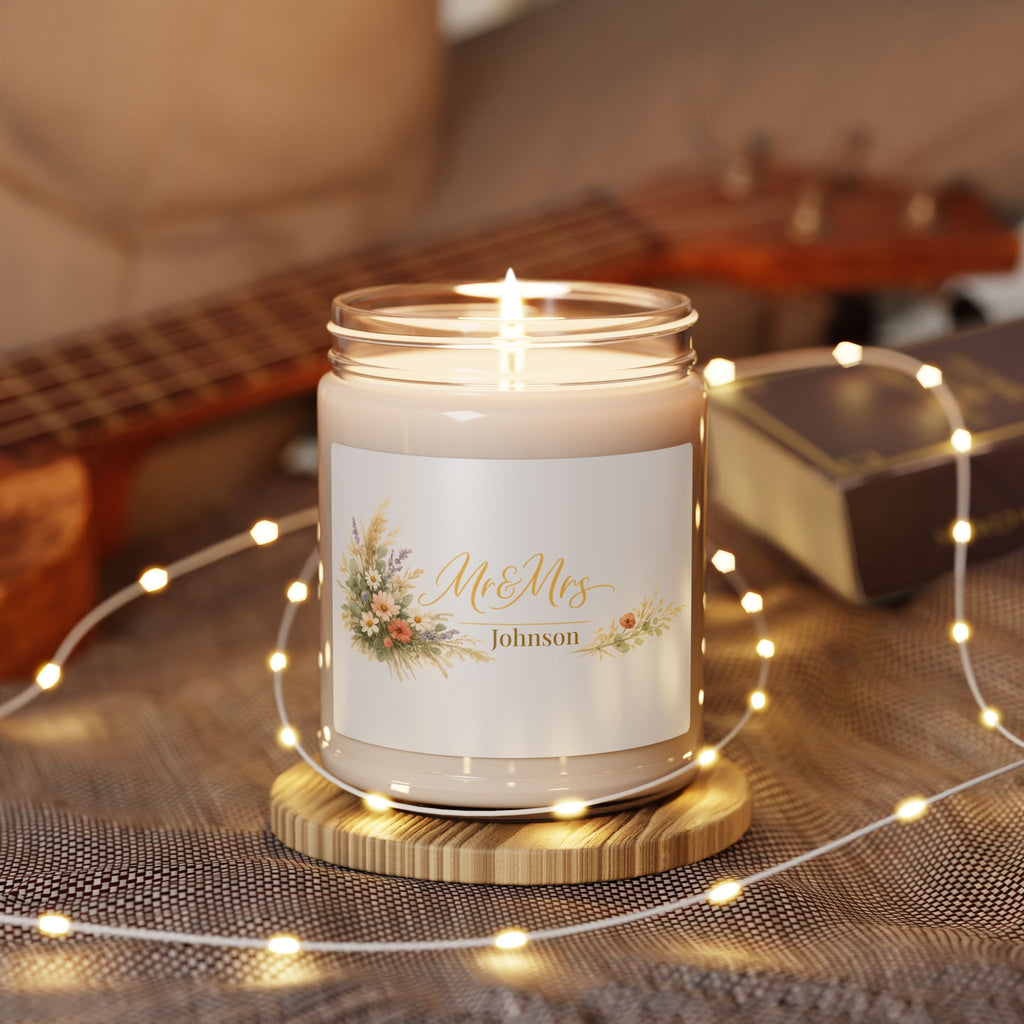 Personalized wedding candle displayed in a cozy living room setting