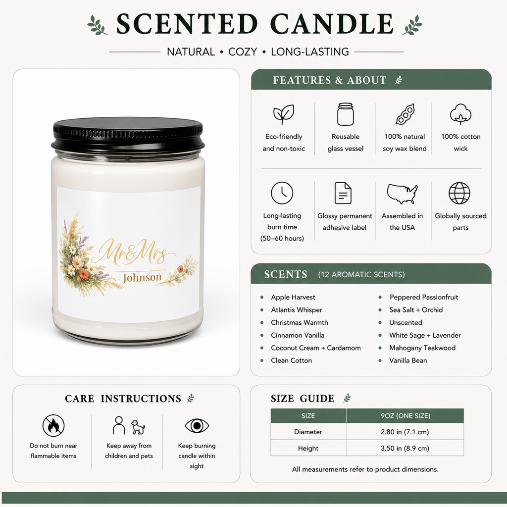 Personalized wedding candle lit, showing the soft glow of the flame