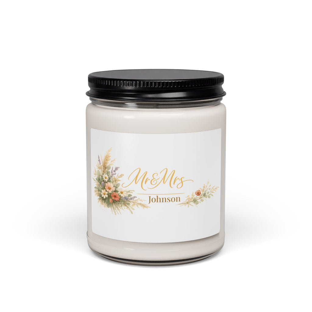 Personalized Mr and Mrs wedding soy candle with wildflower design and the name Johnson