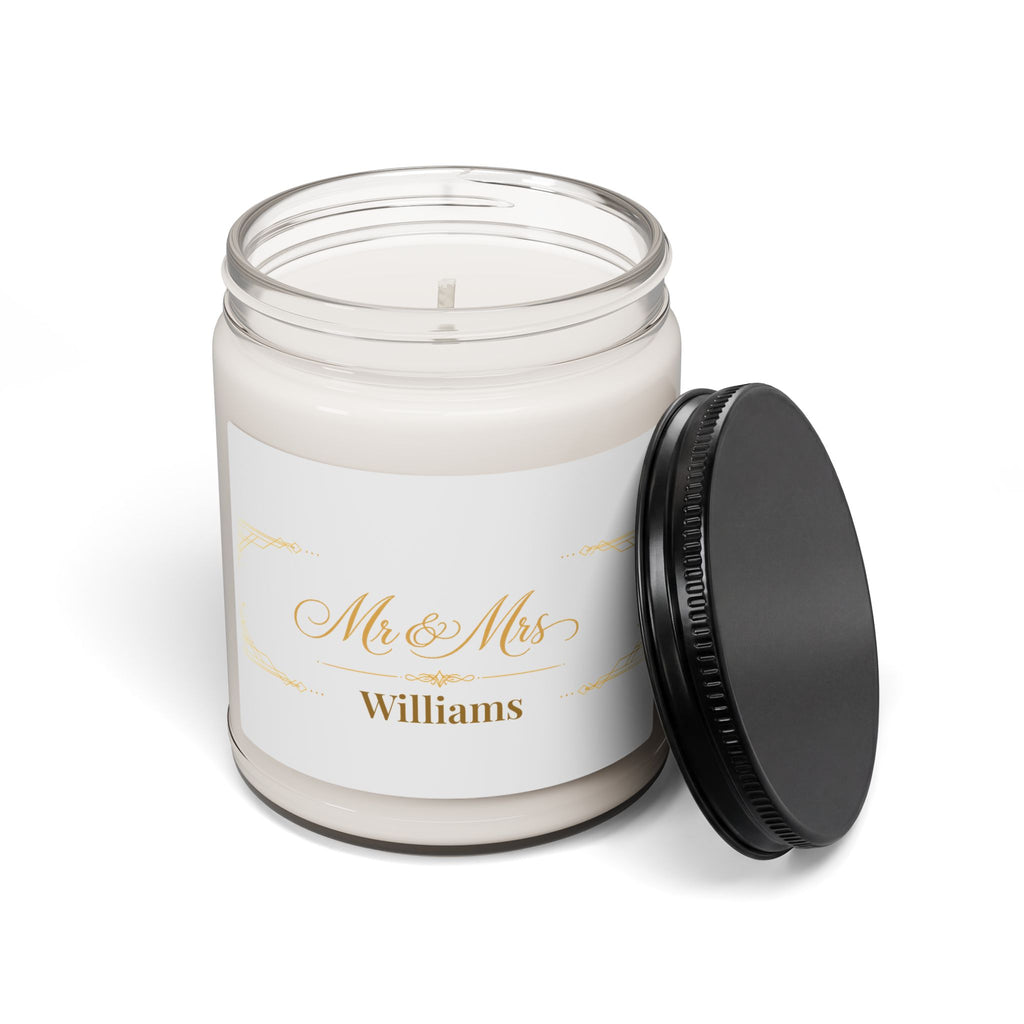 Close-up of the Mr and Mrs gold candle label showing the custom last name detail