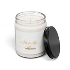 Close-up of the Mr and Mrs gold candle label showing the custom last name detail