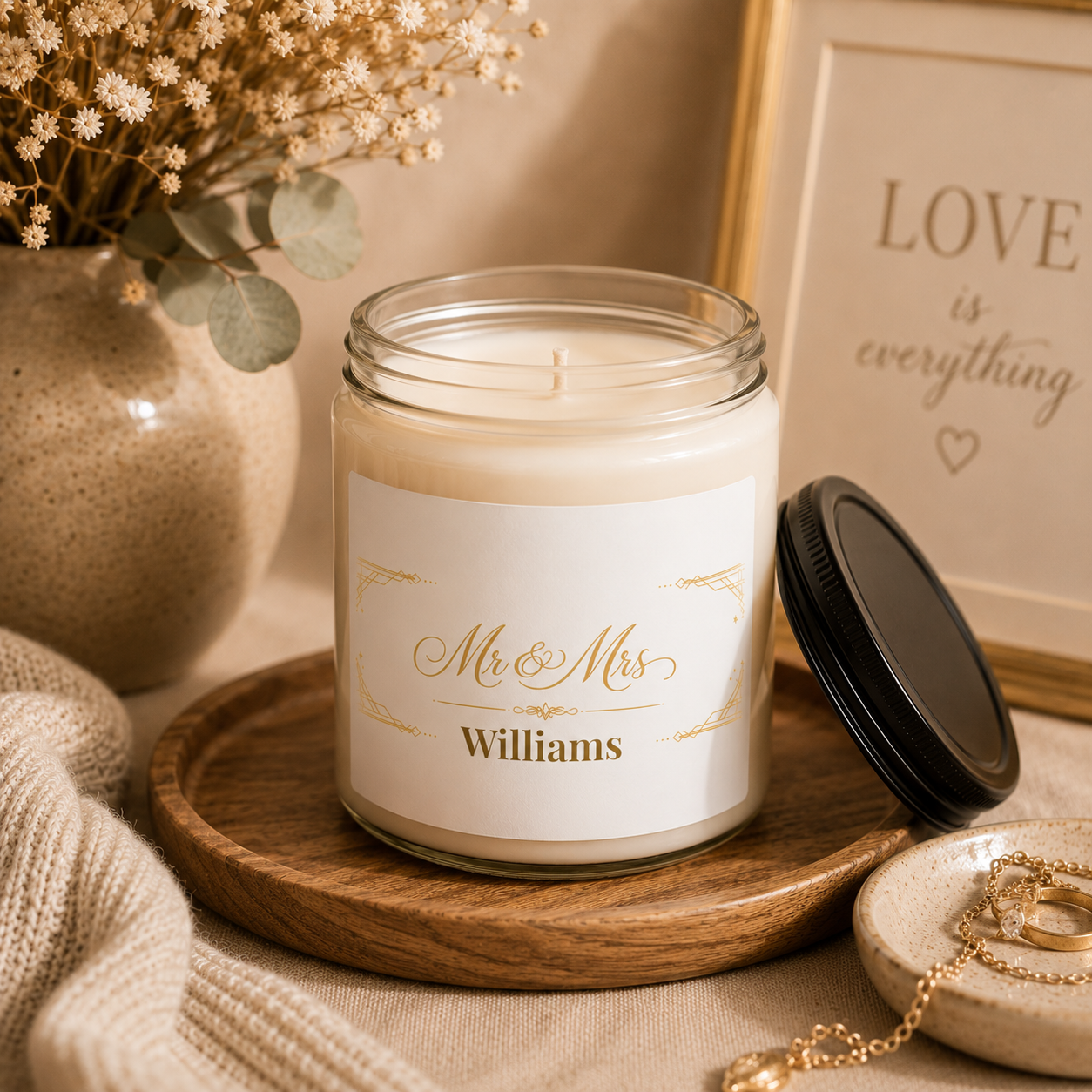 Personalized wedding candle shown on a table as part of home decor