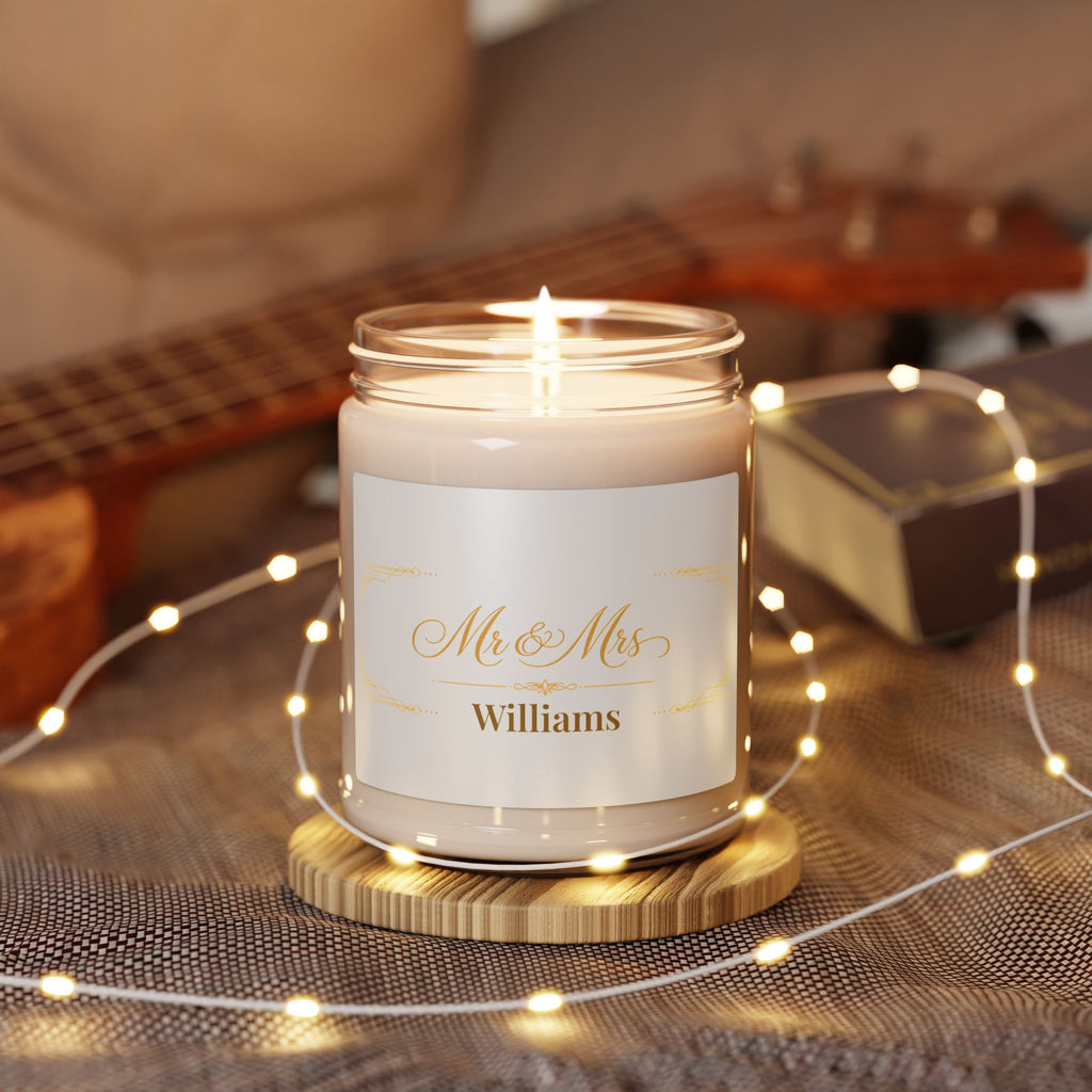 Personalized wedding candle displayed in a cozy living room setting