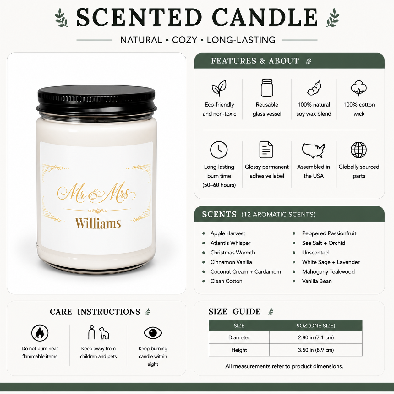 Personalized wedding candle lit, showing the soft glow of the flame