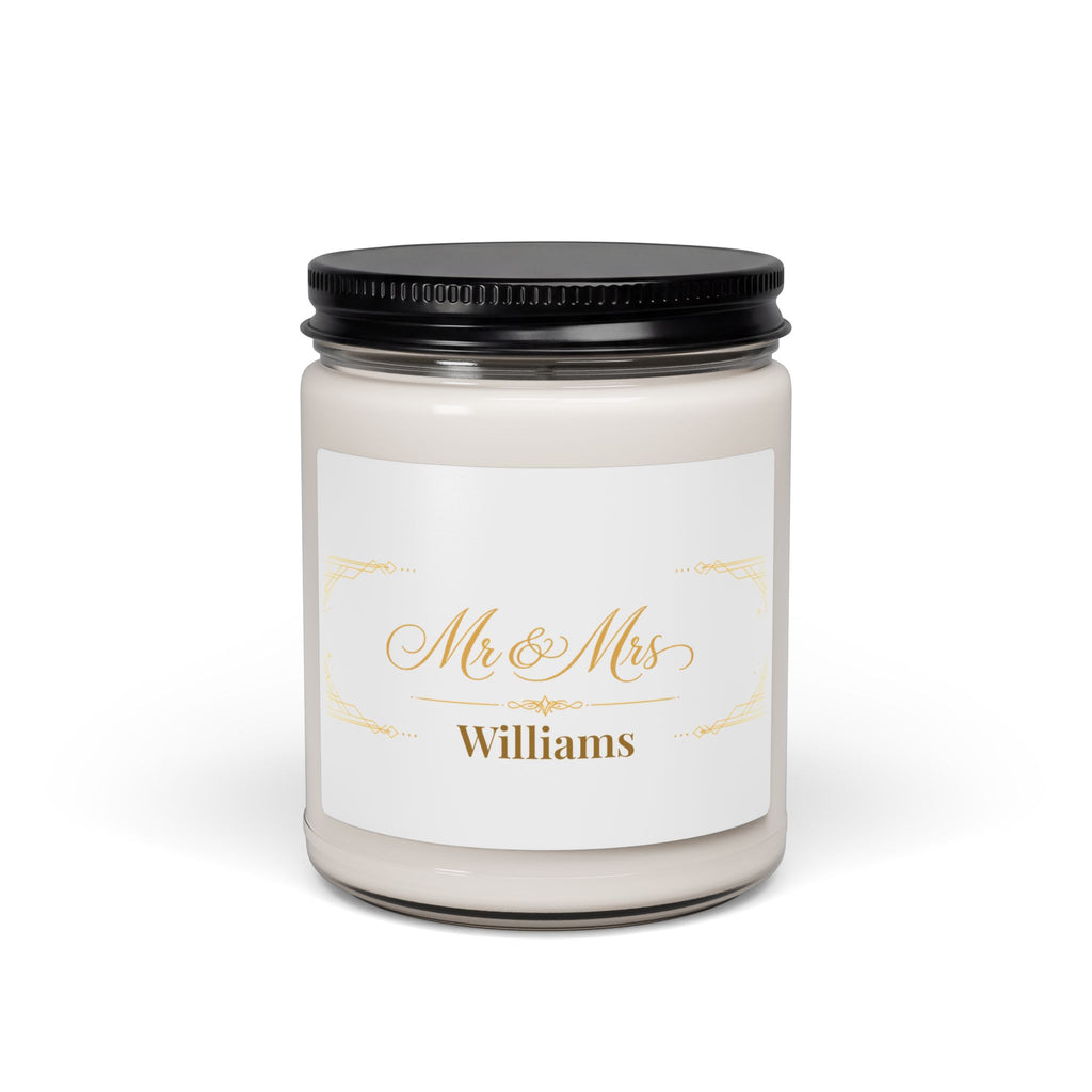 Personalized Mr and Mrs Williams soy candle with gold art deco design