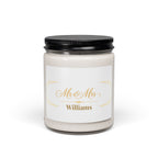 Personalized Mr and Mrs Williams soy candle with gold art deco design