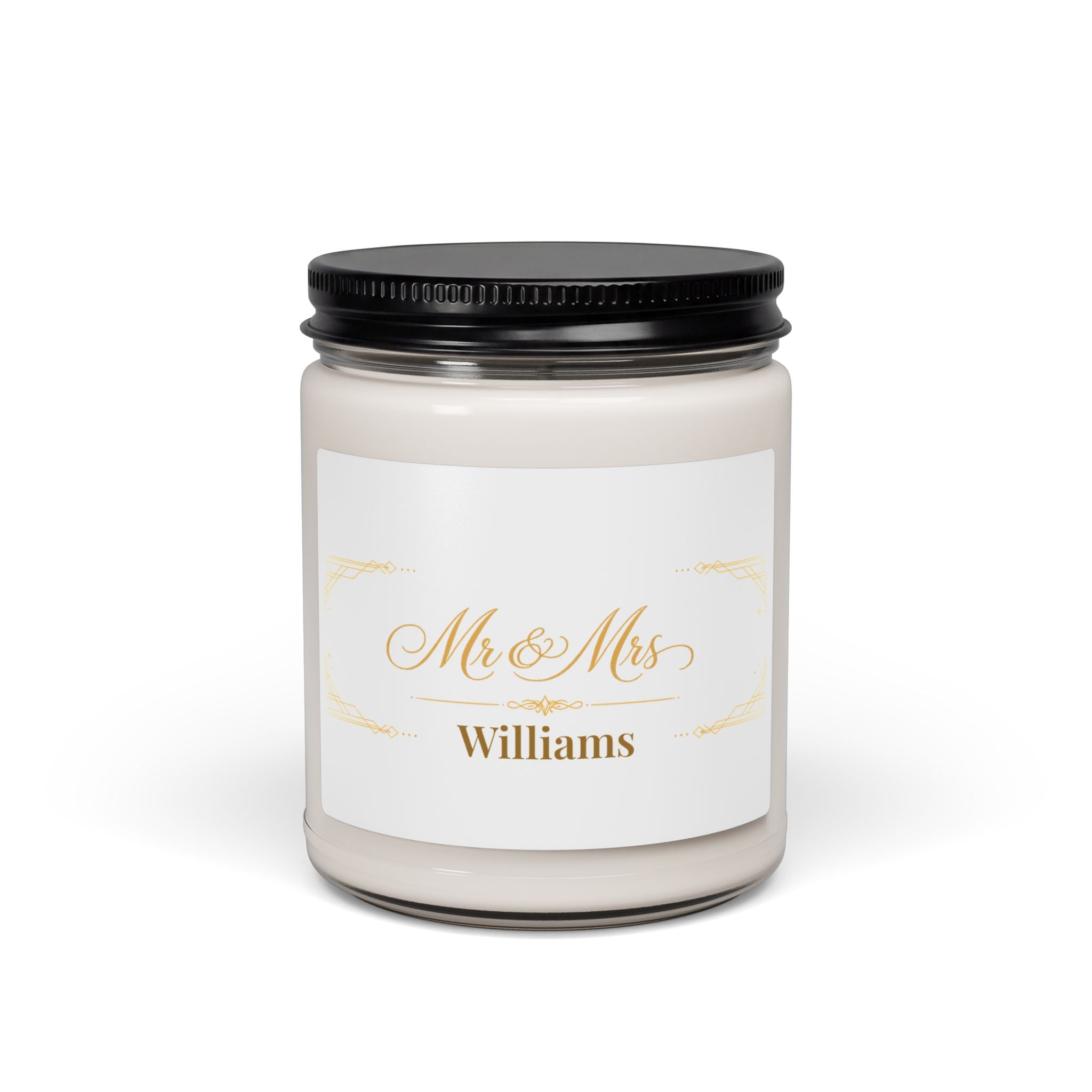 Personalized Mr and Mrs Williams soy candle with gold art deco design