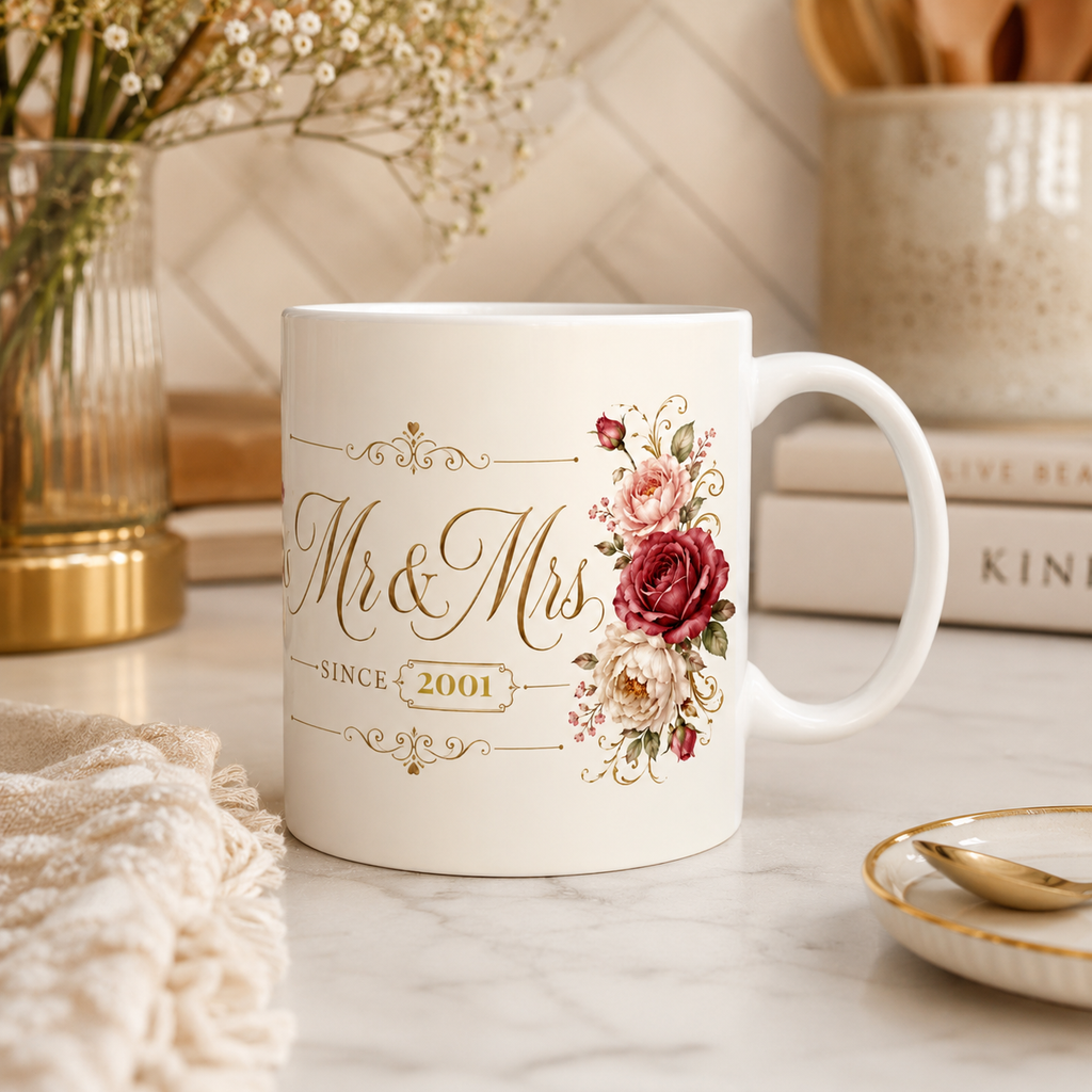 Close-up of the rose gold floral design on the personalized Mr and Mrs mug