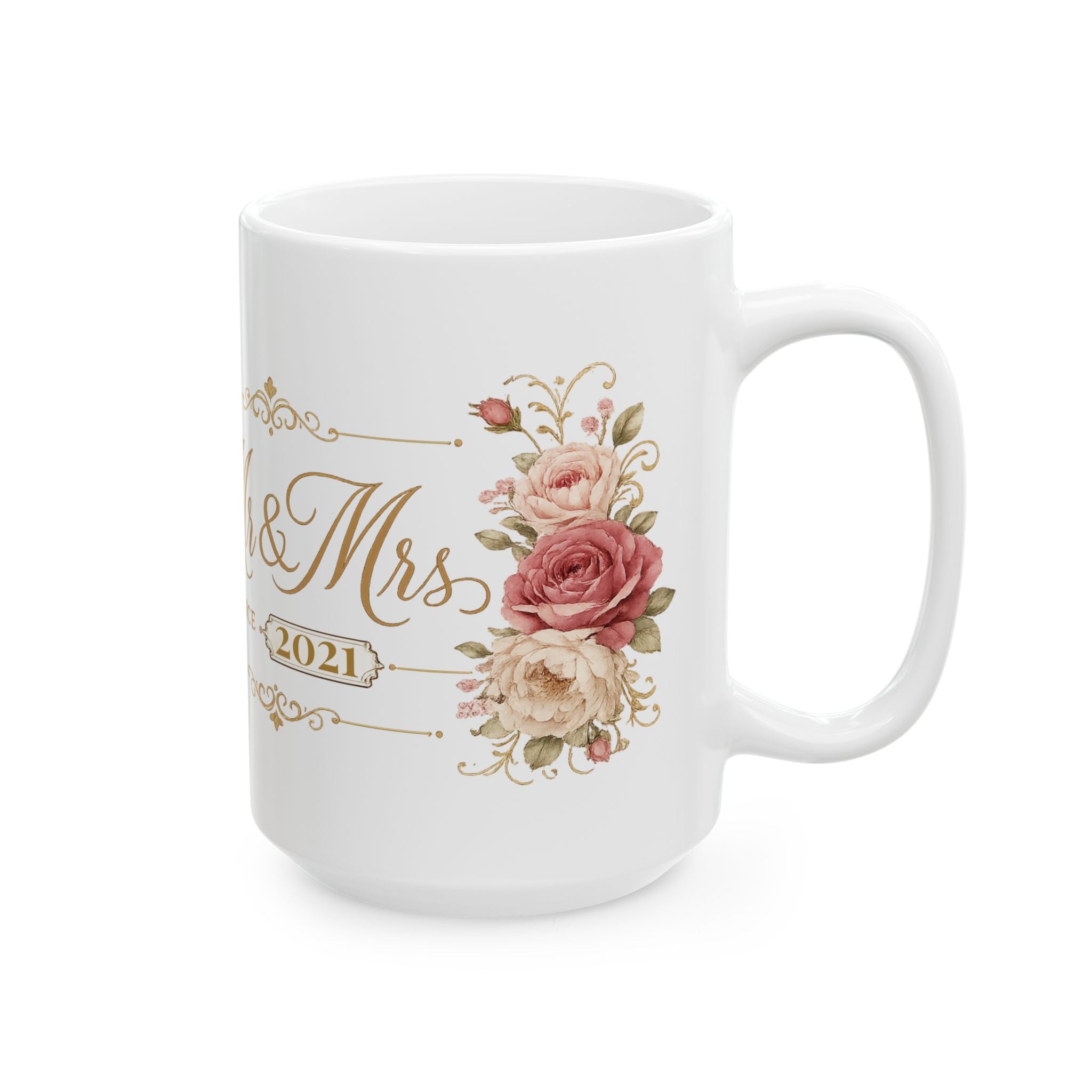 Personalized Mr and Mrs mug displayed on a kitchen counter next to a cup of coffee