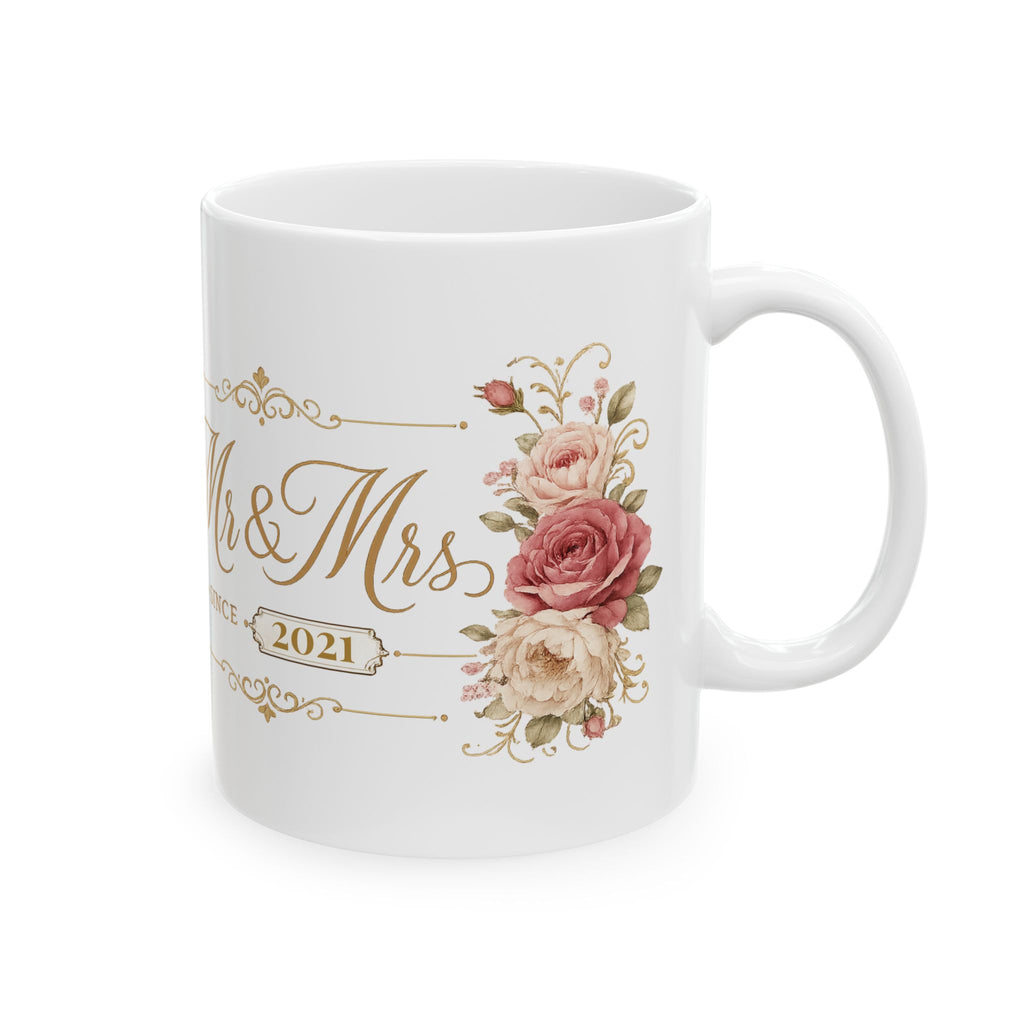 White ceramic mug with gold Mr and Mrs script, rose bouquet, and personalized wedding year