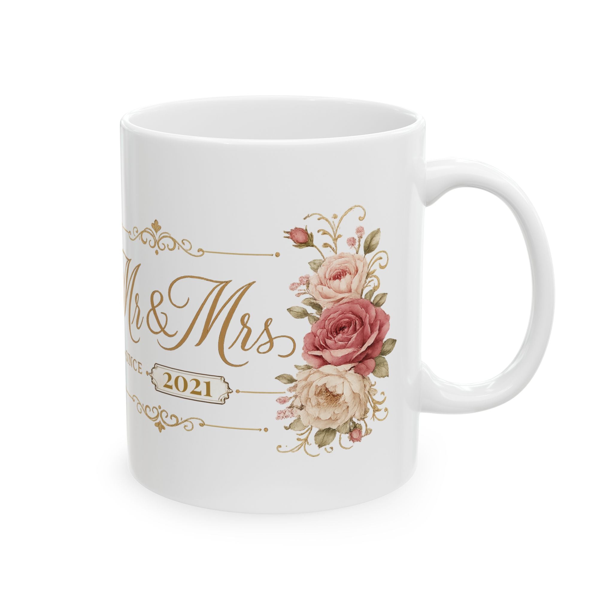 White ceramic mug with gold Mr and Mrs script, rose bouquet, and personalized wedding year
