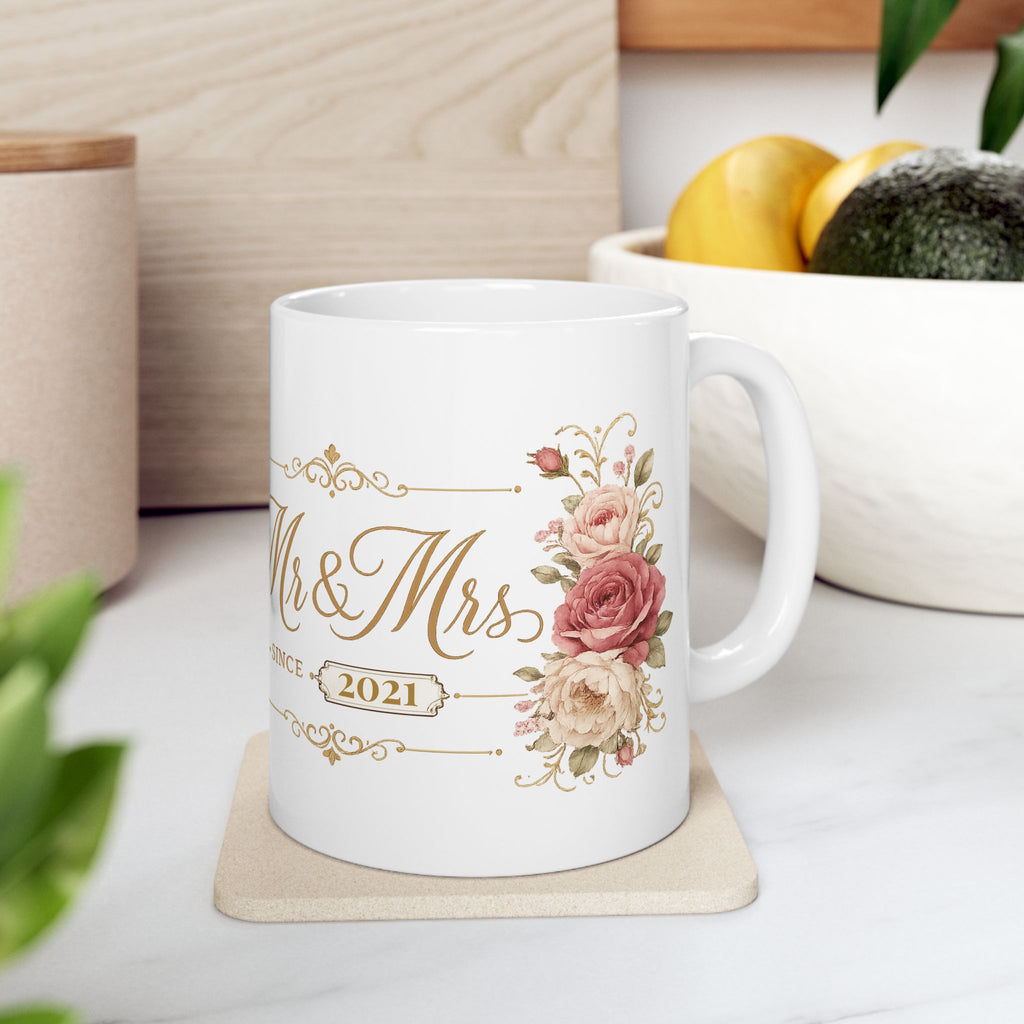 11oz and 15oz size comparison of the personalized Mr and Mrs mug