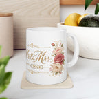 11oz and 15oz size comparison of the personalized Mr and Mrs mug