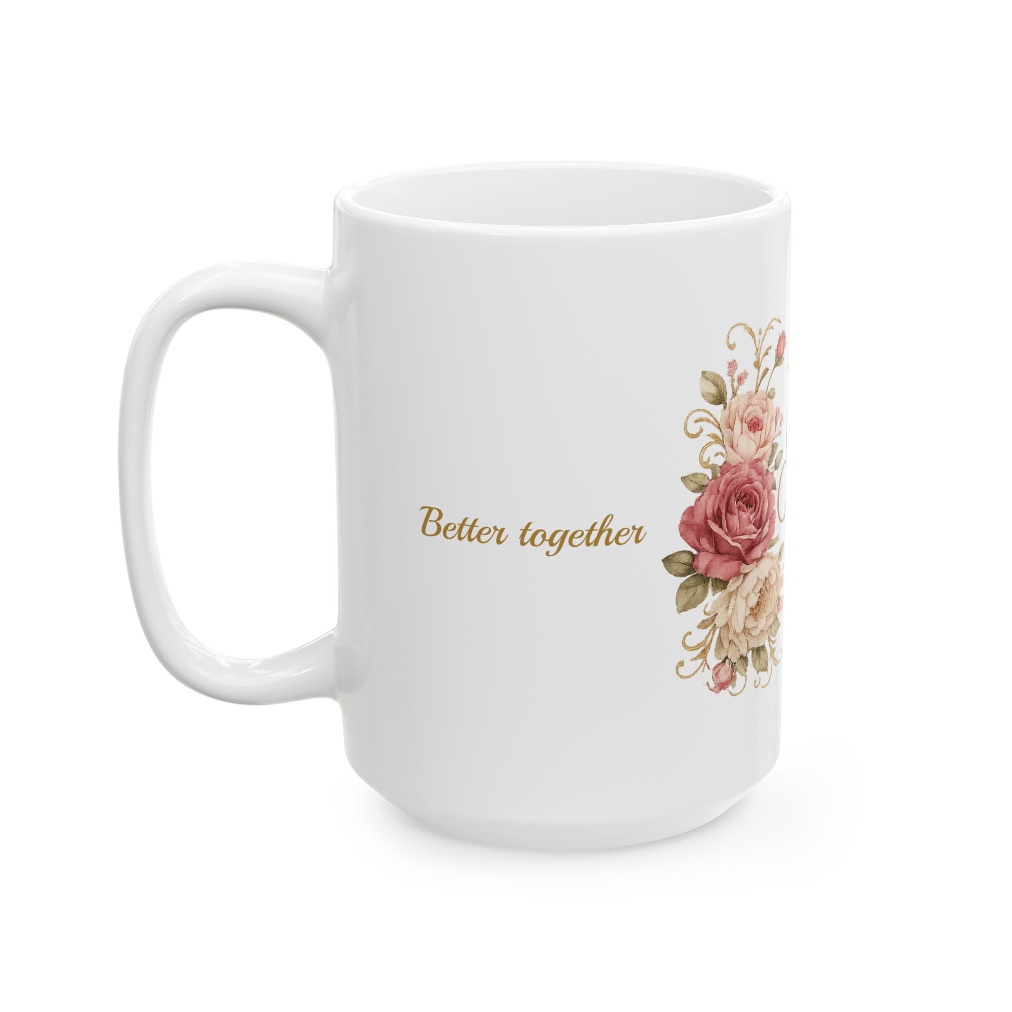 Personalized Mr and Mrs mug styled on a table with fresh flowers