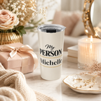 Close-up of custom name personalization on My Person black tumbler