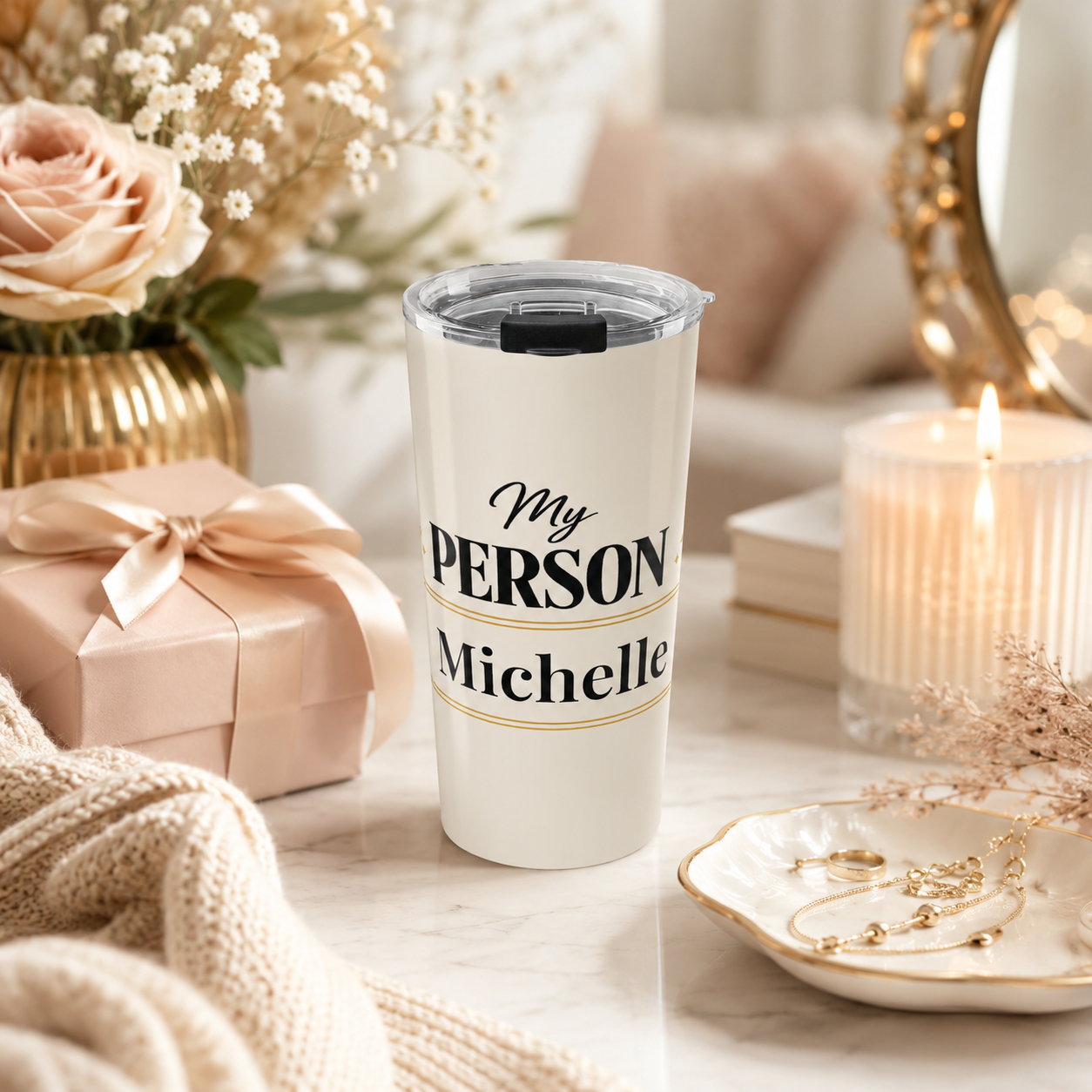 Close-up of custom name personalization on My Person black tumbler
