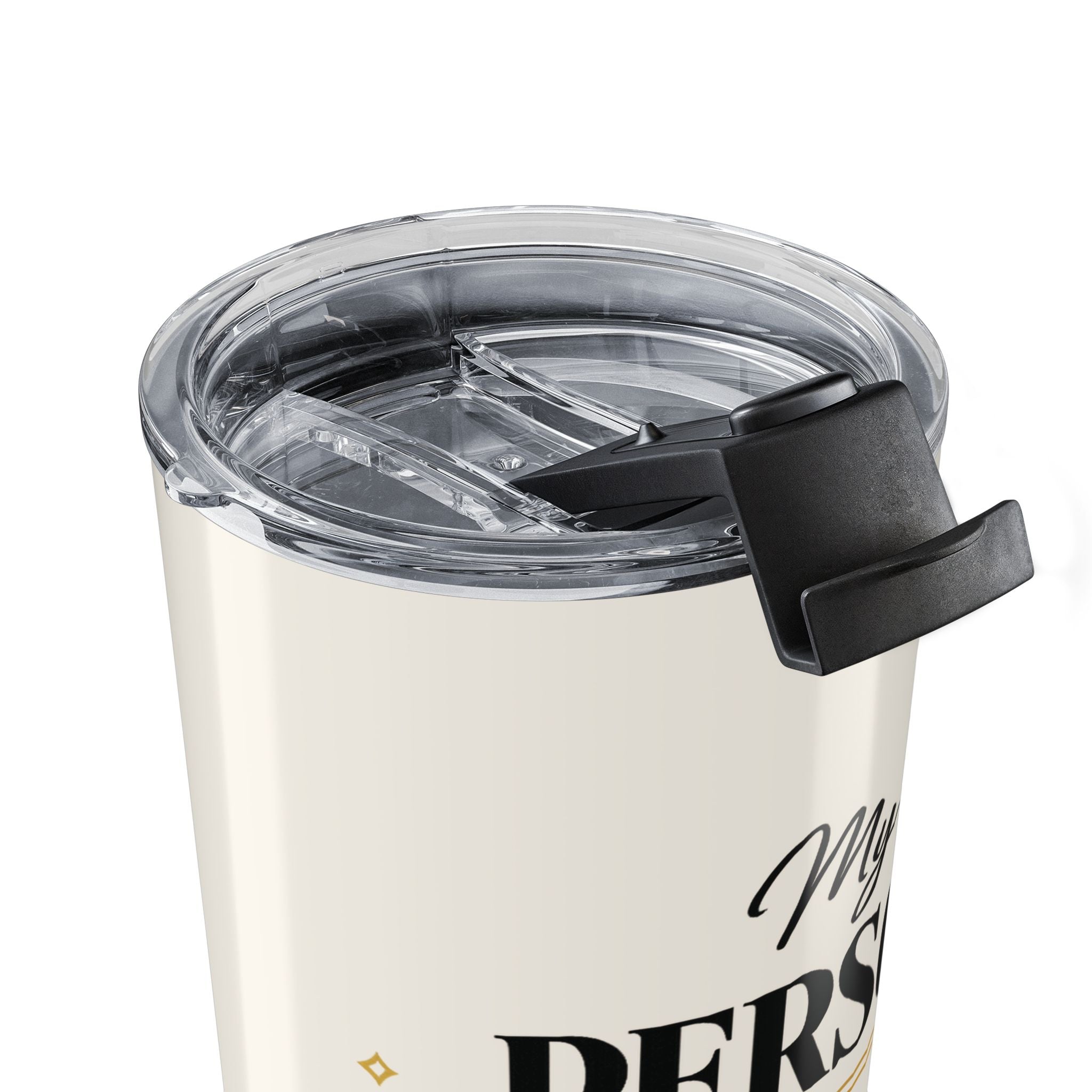My Person black tumbler held in hand showing size and grip