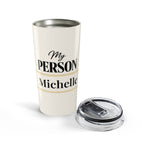 My Person black tumbler styled on a table