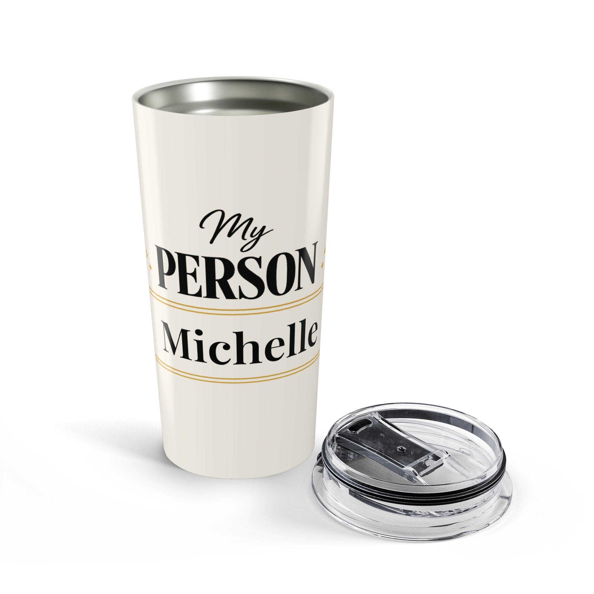 My Person black tumbler styled on a table