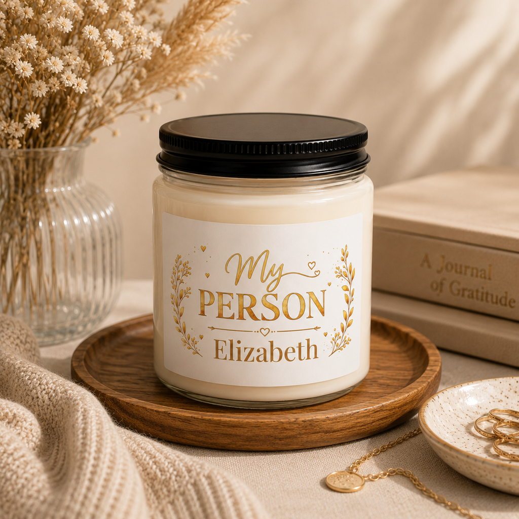 Personalized My Person candle shown on a dresser as part of home decor