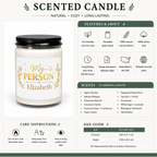 Personalized My Person candle lit, showing the soft glow of the flame