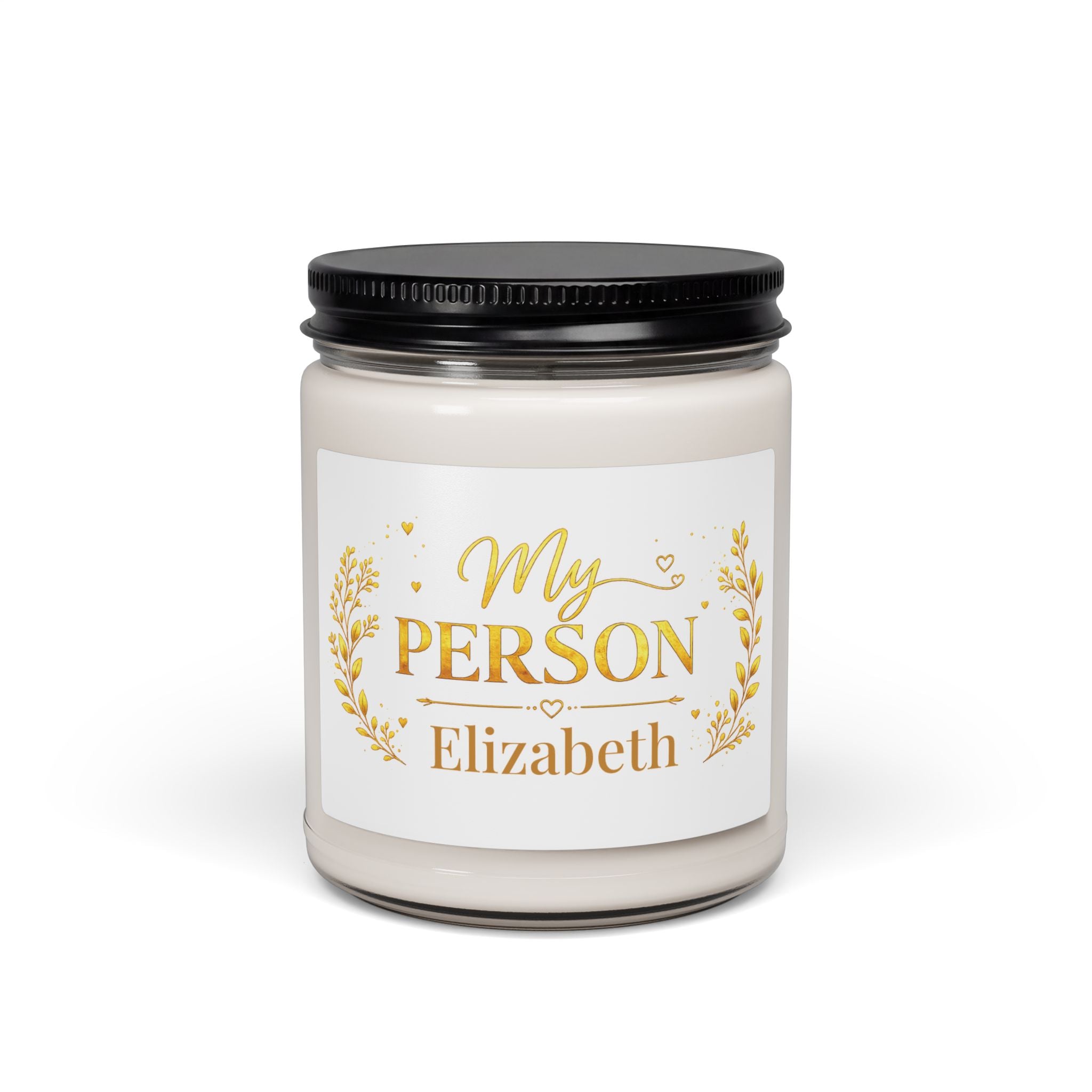 Personalized My Person soy candle with gold floral design and the name Elizabeth