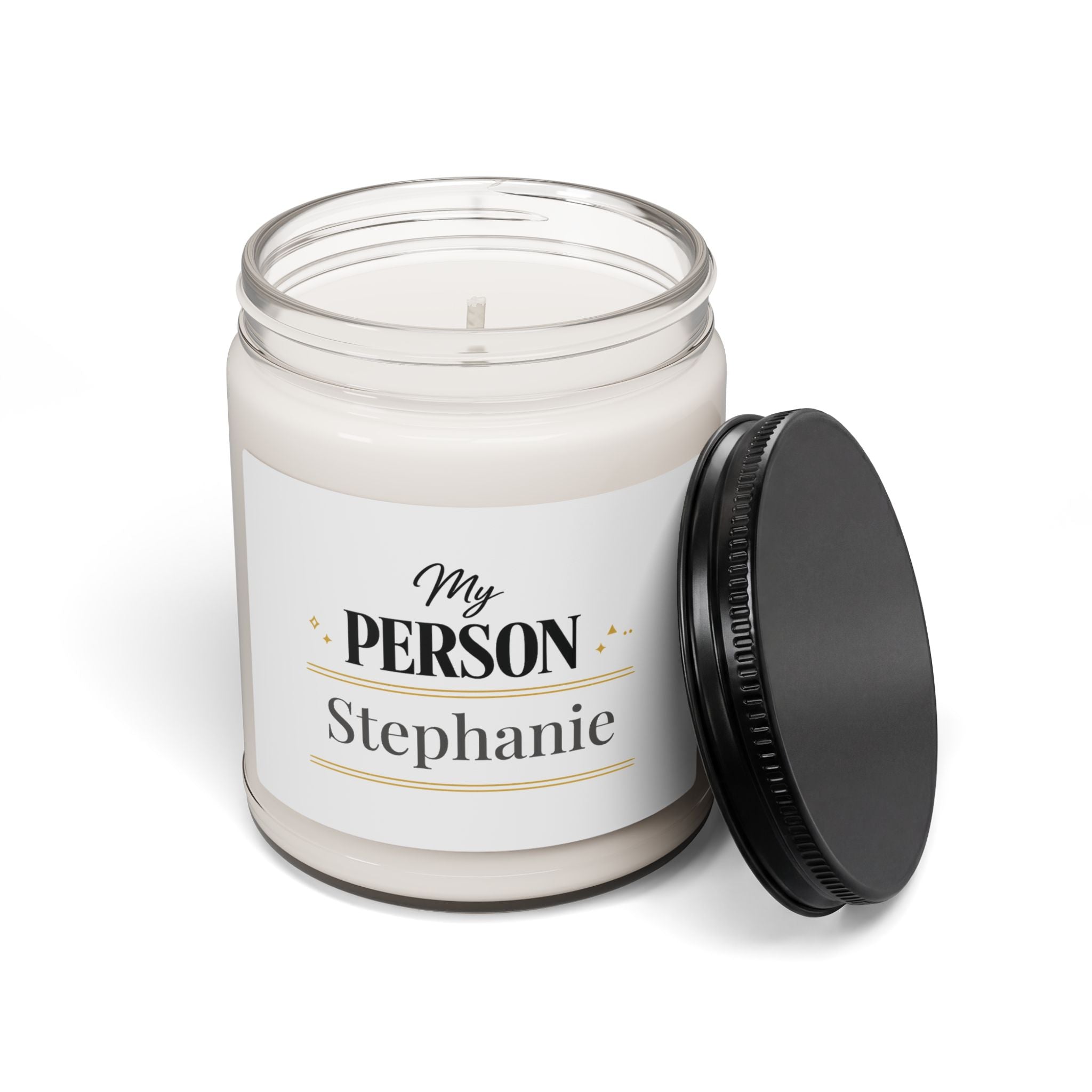 Close-up of the My Person candle label showing the custom name detail
