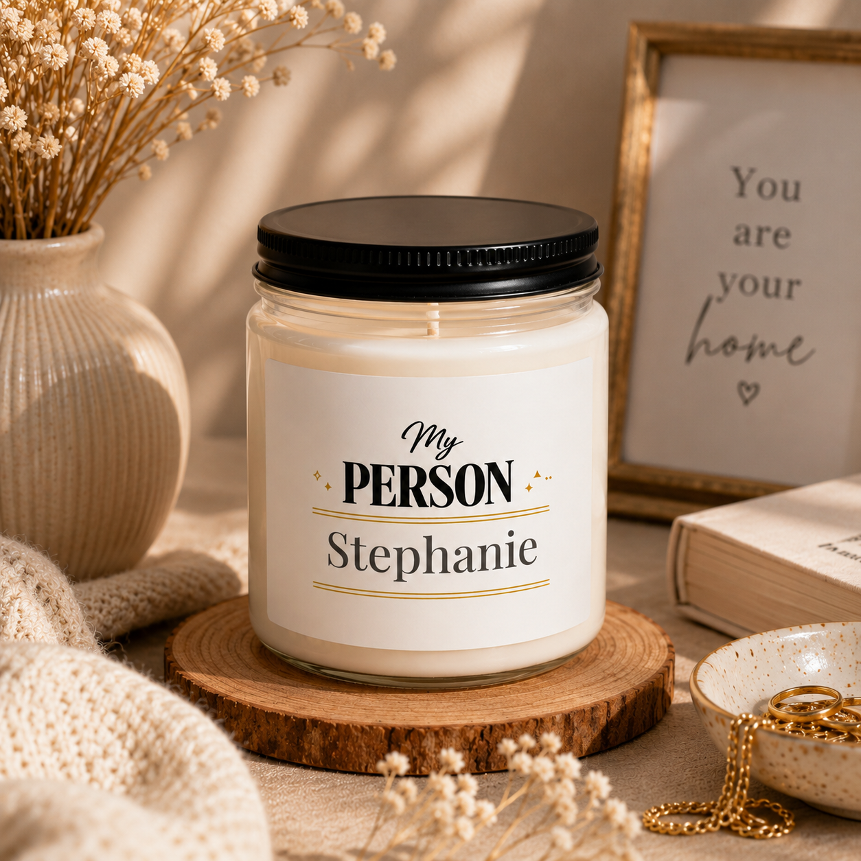 Personalized My Person candle shown on a nightstand as part of home decor