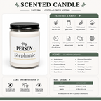 Personalized My Person candle lit, showing the soft glow of the flame