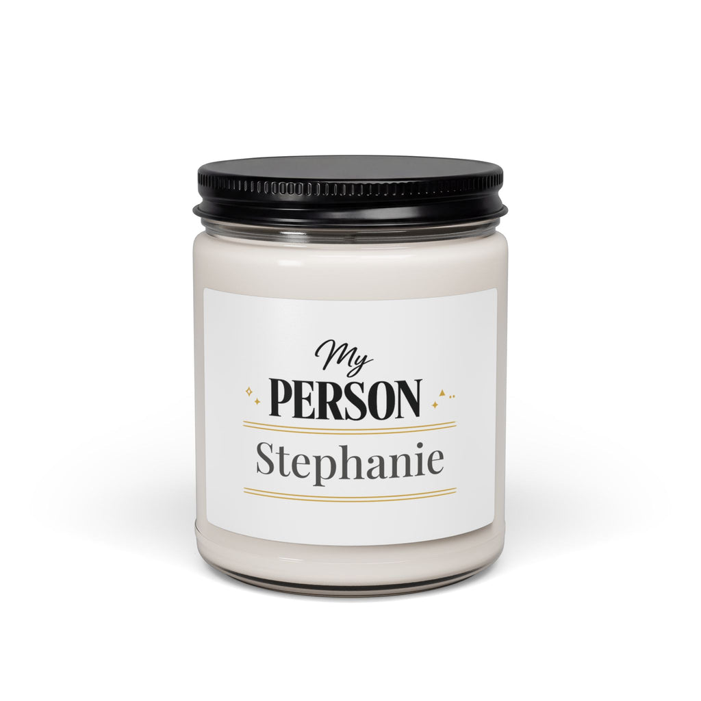 Personalized My Person soy candle in black, white, and gold with the name Stephanie