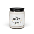 Personalized My Person soy candle in black, white, and gold with the name Stephanie