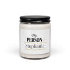 Personalized My Person soy candle in black, white, and gold with the name Stephanie