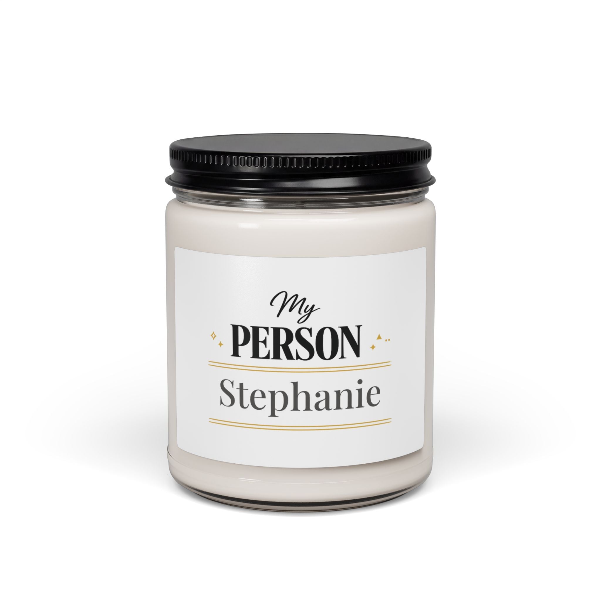 Personalized My Person soy candle in black, white, and gold with the name Stephanie