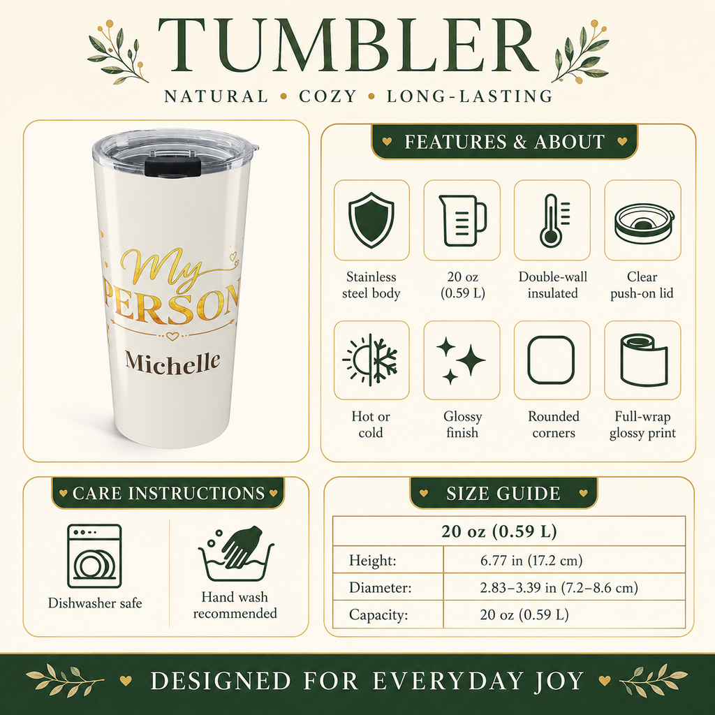Back angle of My Person gold tumbler design