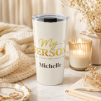 Close-up of custom name personalization on My Person gold tumbler