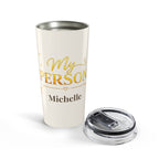 My Person gold tumbler styled on a table